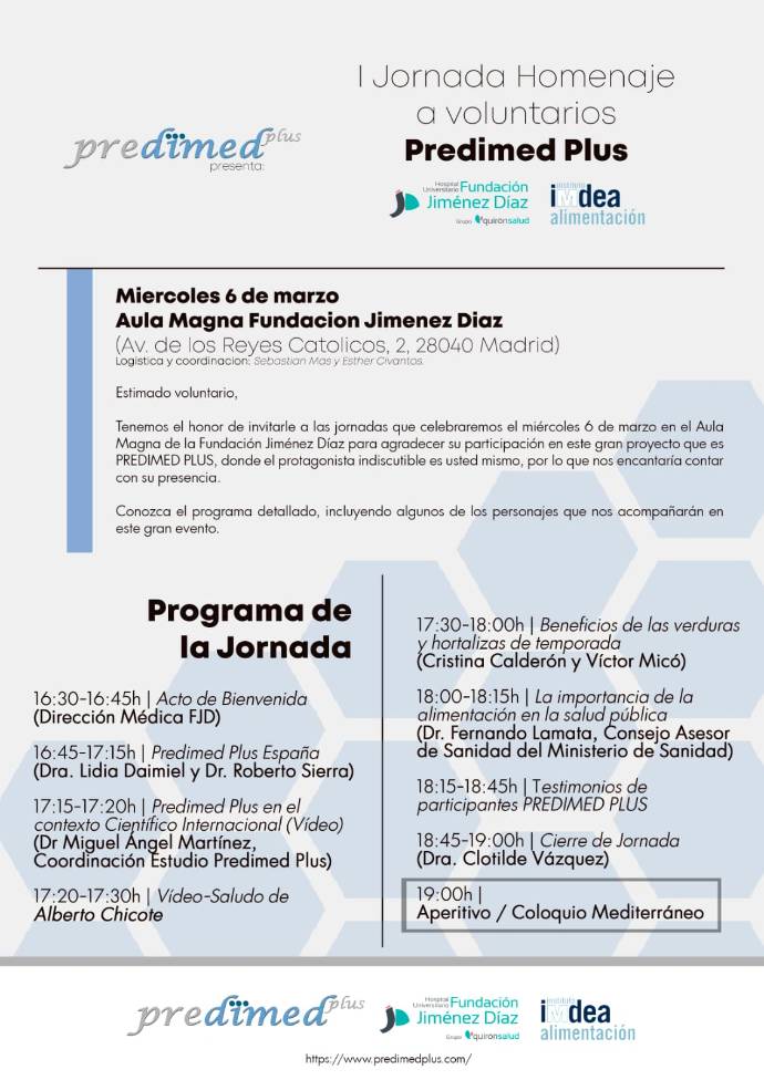 Programa Jornada tarde Homenaje voluntarios Estudio Predimed Plus