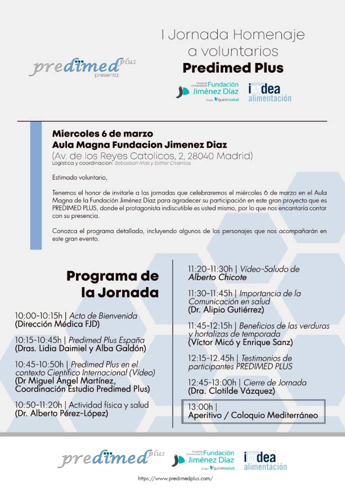 Programa Jornada mañana Homenaje voluntarios Estudio Predimed Plus