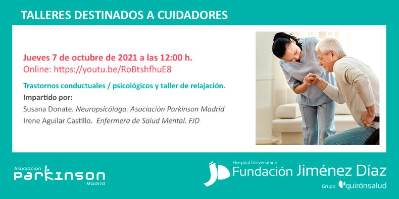 Post Twitter Taller para cuidadores Trastornos conductuales psicológicos y taller de relajación FJD 2021. Este enlace se abrirá en una ventana nueva