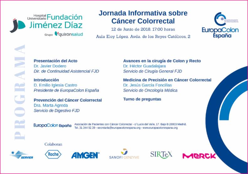 El próximo dia 12 de Junio, tendrá lugar en FJD, sala Eloy Lopez, una jornada sobre Cáncer colorrectal en colaboración con la asociación EuropaColon España
