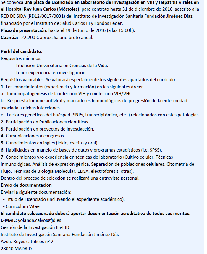 Convocatoria de una plaza de Licenciado en Laboratorio